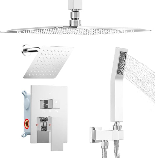 Shower System Shower Faucet Set, STARBATH 12"+6" Ceiling Mount Rain Shower Head and Handheld Spray for Two Person, Rainfall Shower System with Diverter Valve and Trim Kit Complete,Chrome