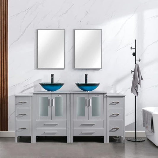eclife 72" Modern Bathroom Vanity Sink Combo Freestanding Cabinet with Small Side Cabinet, Turquoise Square Glass Vessel Sink, Water Save Faucet, Drain (Gray+A10)