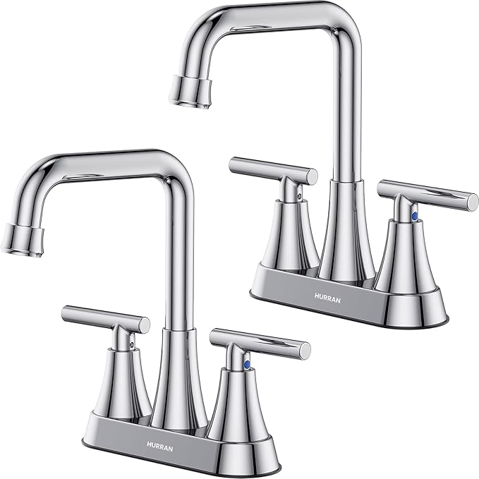Bathroom Sink Faucet, Hurran 4 inch Chrome Bathroom Faucets for Sink 3 Hole with Pop-up Drain and Supply Hoses, 2-Handle Centerset Faucet for Bathroom Sink Vanity RV Farmhouse, 2 Pack
