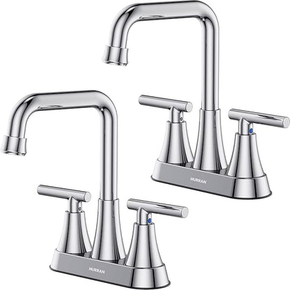 Bathroom Sink Faucet, Hurran 4 inch Chrome Bathroom Faucets for Sink 3 Hole with Pop-up Drain and Supply Hoses, 2-Handle Centerset Faucet for Bathroom Sink Vanity RV Farmhouse, 2 Pack