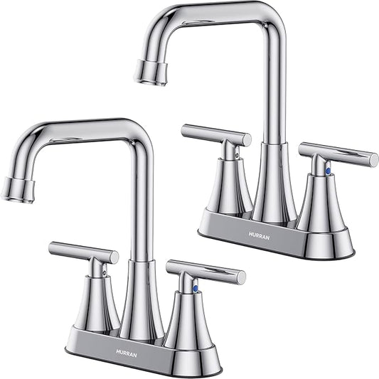 Bathroom Sink Faucet, Hurran 4 inch Chrome Bathroom Faucets for Sink 3 Hole with Pop-up Drain and Supply Hoses, 2-Handle Centerset Faucet for Bathroom Sink Vanity RV Farmhouse, 2 Pack
