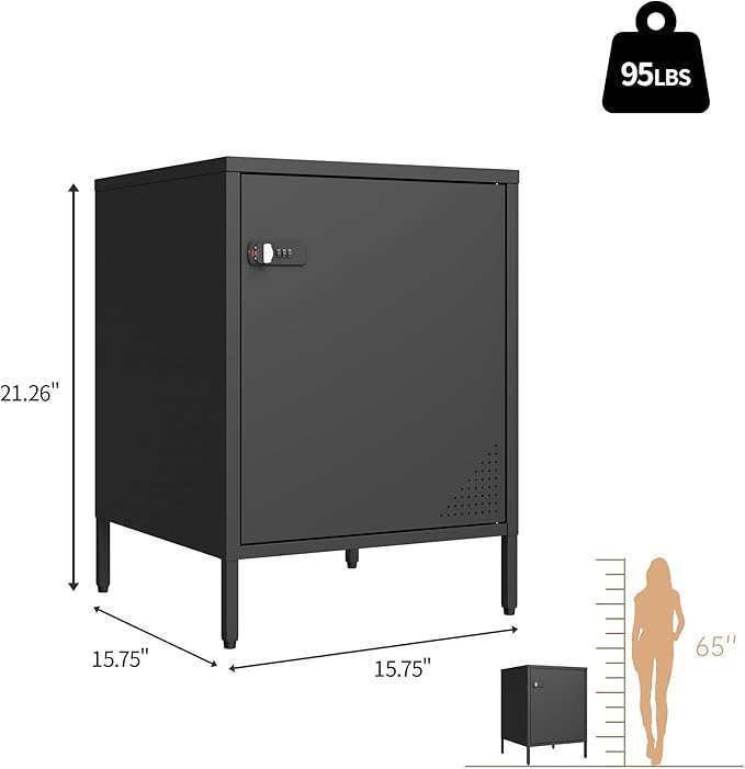 Metal Nightstand with Lockable Cabinet and Adjustable Shelf, Bedside Table with Digital Combination Lock, Secure Storage End Table for Bedroom Office Dorm (Black)