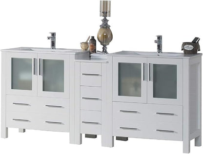 Blossom 72" Solid Wood Double Sink Bathroom Vanity with Side Cabinet | Glossy White Master Bath Furniture | Anti-Warp Painted Finish, Soft-Close Full Extension Drawers & Tempered Glass Modern Style