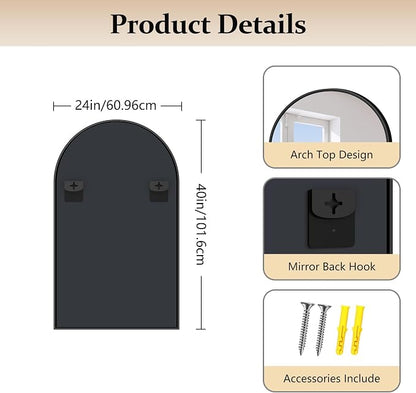 COFENY Arched Mirror, 24’’x40’’ Black Arch Mirror for Bathroom, Arched Bathroom Mirror with Frame, Modern Wall Mounted Mirror for Over Sink Mantle Bedroom Vanity Living Room Entryway