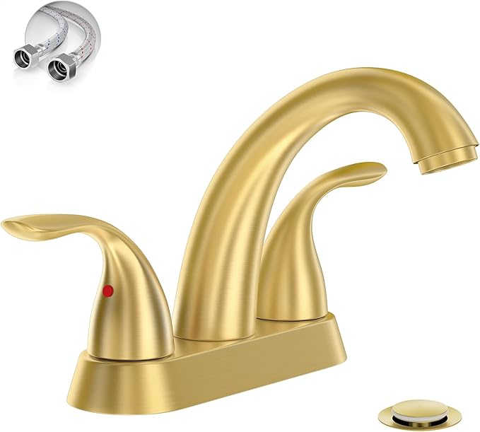 Phiestina Brushed Gold 4 Inch Centerset 2 or 3 Holes 2 Handle Bathroom Faucet, Bathroom Faucet with Copper Pop Up Drain and Water Supply Lines, BF008-5-BG