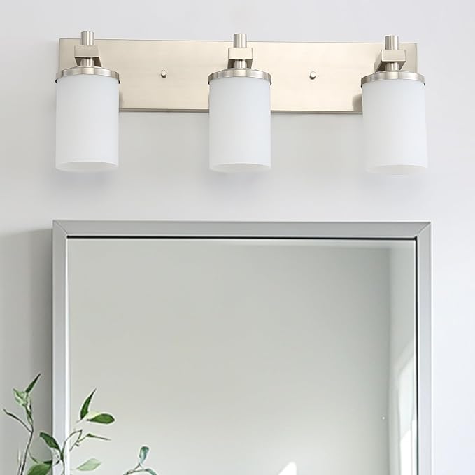 LOUSACE Bathroom Lighting Fixtures Over Mirror Brushed Nickel 3 Light Bathroom Vanity Lights with Opal White Glass Shades, Modern Vanity Wall Sconces Fixture for Bedroom Living Room