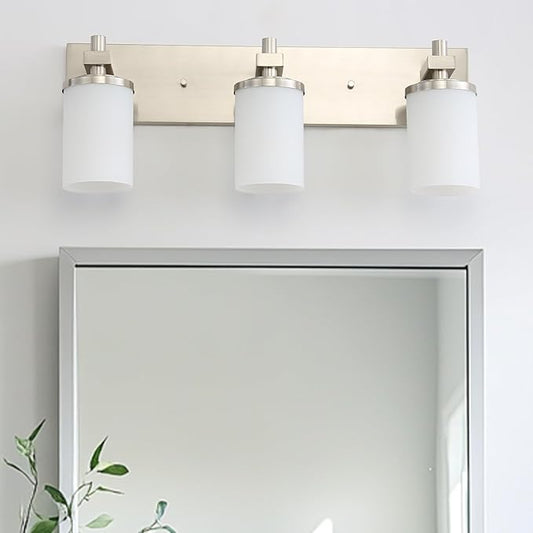 LOUSACE Bathroom Lighting Fixtures Over Mirror Brushed Nickel 3 Light Bathroom Vanity Lights with Opal White Glass Shades, Modern Vanity Wall Sconces Fixture for Bedroom Living Room