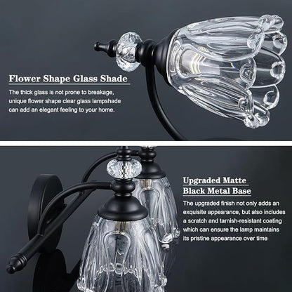 Matte Black Vanity Light, Farmhouse Bathroom Light Fixtures, 2 Light Bathroom Vanity Lights, Flower Glass Shade Wall Sconce Lighting