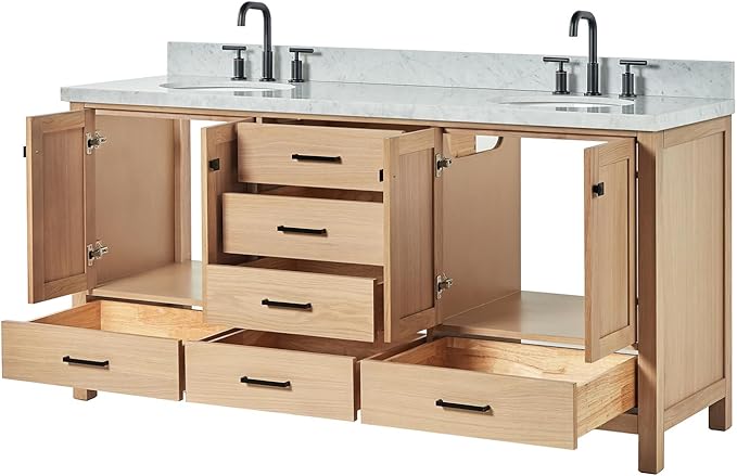 ARIEL Cambridge 72-inch Bathroom Vanity with Sink,Solid Wood, 1.5-inch Italian Carrara Marble Countertop, Double Oval Porcelain Sink, 4 Soft Closing Doors, 6 Dovetail Drawers, White Oak