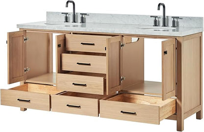 ARIEL Cambridge 72-inch Bathroom Vanity with Sink,Solid Wood, 1.5-inch Italian Carrara Marble Countertop, Double Oval Porcelain Sink, 4 Soft Closing Doors, 6 Dovetail Drawers, White Oak