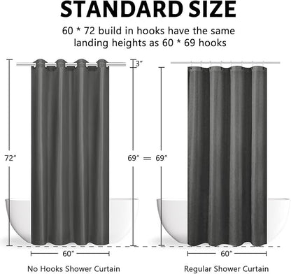 Furlinic Dark Grey No Hook Shower Curtain Fabric 60x72 Inch,Polyester Waterproof Bathroom Curtain with 8 Plastic Built-in Grommets,Modern Luxury Hotel Style Washable Decorative Shower Curtains