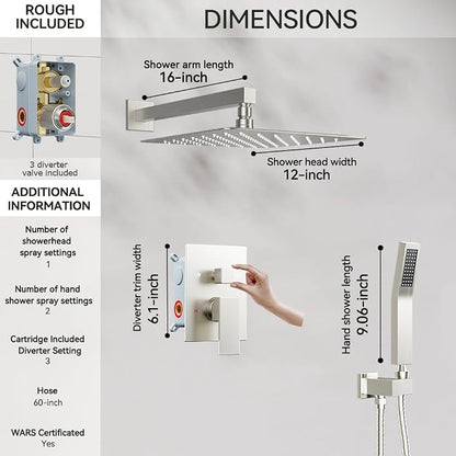 Shower System Shower Faucet Set, STARBATH 12" Wall Mount Rain Shower Head and Handheld Spray for Two Person, Rainfall Shower System with Diverter Valve and Trim Kit Complete,Brushed Nickel