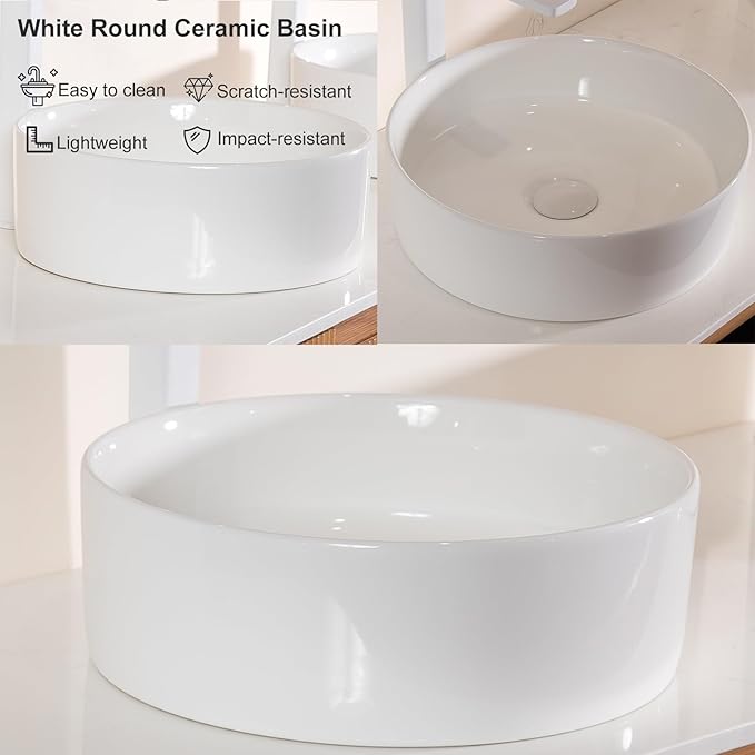 30" Bathroom Vanity with Sink, Modern Bathroom Storage Cabinet with White Round Ceramic Basin and Roma Travertine-Pattern Sintered Stone Countertop, 2 Soft Closing Door, Natural Wood