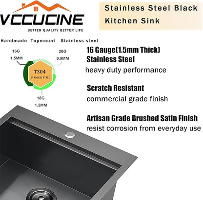 15x20 Inch Gunmetal Black Drop-in Bar Sink, Single Bowl, 16 Gauge Stainless Steel, Topmount, Modern, Workstation Sink with Accessories