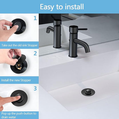 Black Bathroom Sink Stopper – Pop Up Drain Stopper & Sink Strainer, Universal Sink Plug for 1.1" to 1.5" Bathroom Sink Drain Pipes, Matte Black Finish