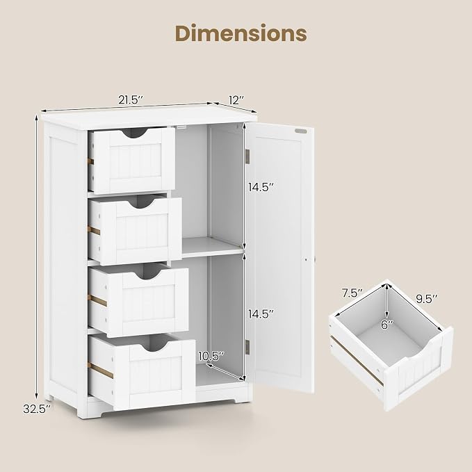 Giantex Storage Cabinet with 4 Drawers, Bathroom Storage Organizer with Cupboard, Adjustable Shelf, Anti-Toppling Device, Floor Cabinet, Entryway Storage Unit Console Table, White