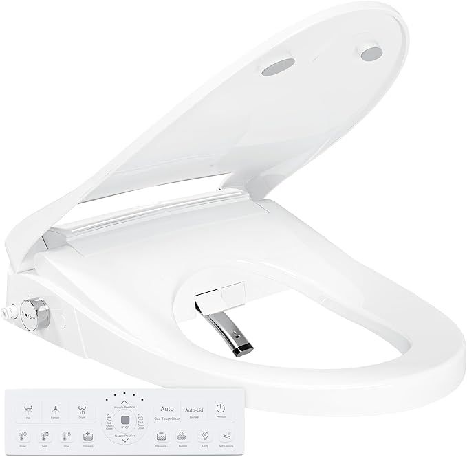 Electric Toilet Seat Elongated with Voice Control, Heated Toilet Seat with Warm Water & Dryer, Radar Sensor Auto Open/Close, LED Temp Display, Electric Bidet Toilet Seat for Bathroom