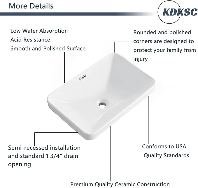 Bathroom Vessel Sink 21.6" X 14.3" Semi Recessed Bathroom Sink Rectangular Drop In Bathroom Sinks with Overflow White Ceramic Vessel Sinks for Bathroom Modern Above Counter Basin Vanity Sink