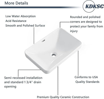 Bathroom Vessel Sink 21.6" X 14.3" Semi Recessed Bathroom Sink Rectangular Drop In Bathroom Sinks with Overflow White Ceramic Vessel Sinks for Bathroom Modern Above Counter Basin Vanity Sink