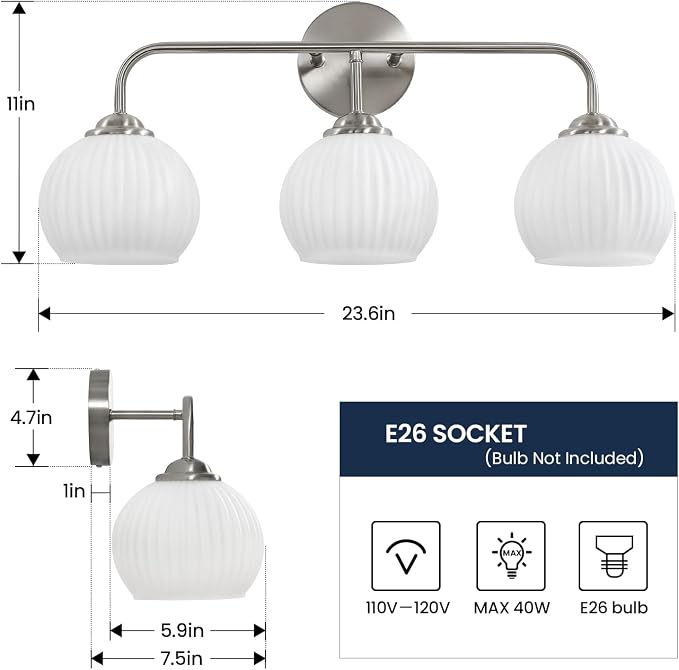 RUIYEY Bathroom Vanity Light Fixtures: 3-Lights Bathroom Lighting Fixtures Over Mirror, Brushed Nickel Vintage Wall Lights with Milky White Frosted Glass Shade for Bath Bedroom