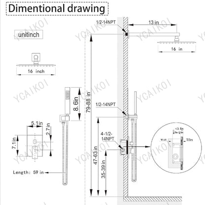 Shower Faucet Set 16 Inch Wall Mount Rain Shower System, All Metal Shower Fixtures - Matte Black