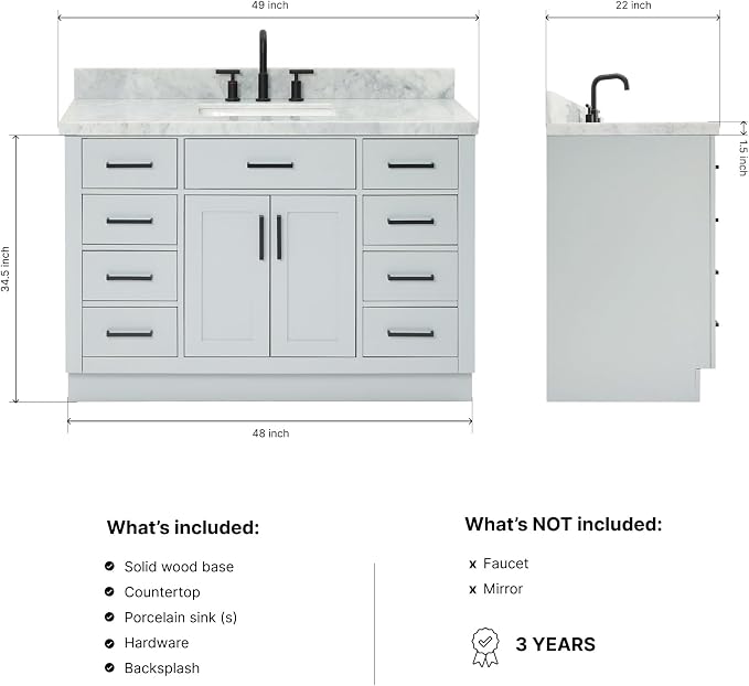 Isabella 48-Inch Bathroom Vanity with Sink — Grey Single Sink Bathroom Vanity, 1.5" Edge Italian Carrara Marble Top, Solid Wood, 2 Soft-Close Doors, 8 Dovetail Drawers + Tilt Drawer