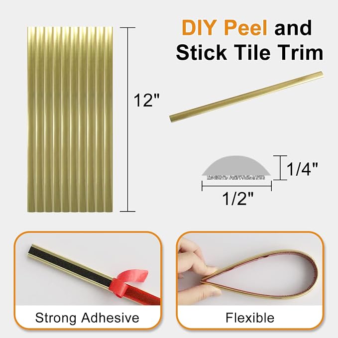 STICKGOO 10-Pack Peel and Stick Trim for Backsplash Tile Edge, 12" Tile Edge Trim Self-Adhesive Liner for Corner Decor in Gold