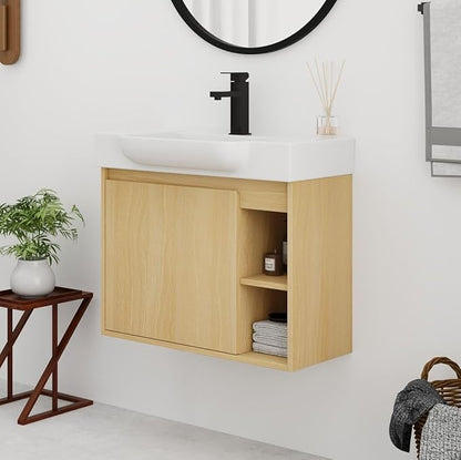 28" Floating Bathroom Vanity with Sink Combo,28 Inch Floating Vanity,Modern Single Sink Bathroom Vanity Combo,Oak Wall Mounted Cabinet Set