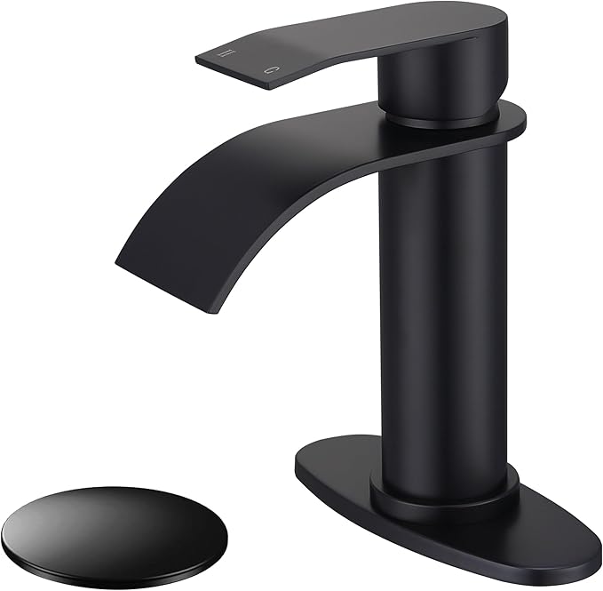 Black Waterfall Bathroom Faucet Single Hole, Matte Black Single Handle Bathroom Sink Faucet with Pop Up Drain and Supply Hose, Black Bathroom Faucet for Sink 1 Hole,SL5002BK