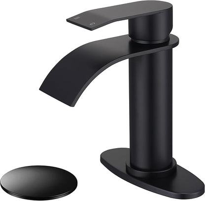 Black Waterfall Bathroom Faucet Single Hole, Matte Black Single Handle Bathroom Sink Faucet with Pop Up Drain and Supply Hose, Black Bathroom Faucet for Sink 1 Hole,SL5002BK