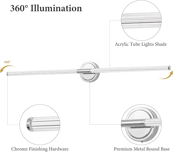 URSOLA 48" Modern LED Bathroom Light Fixtures, Chrome 3CCT Dimmable Bathroom Vanity Light Over Mirror, Bathroom Vanity Bath Bar Lights with 360° Removable Acrylic Light Tube