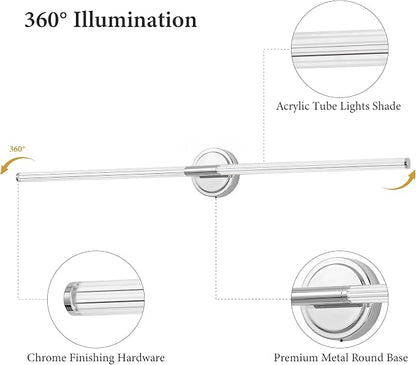 URSOLA 48" Modern LED Bathroom Light Fixtures, Chrome 3CCT Dimmable Bathroom Vanity Light Over Mirror, Bathroom Vanity Bath Bar Lights with 360° Removable Acrylic Light Tube