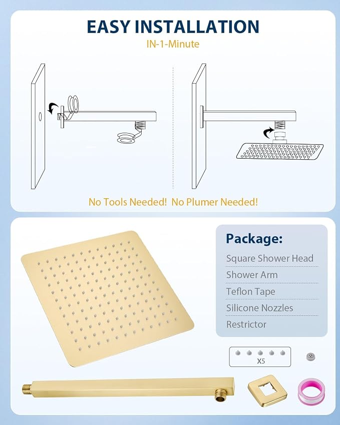 12 Inch Brushed Gold Rain Shower Head with Extension Arm, Rainfall Square Showerhead with 16 Inch Shower Arm All Stainless Steel, 144 Outlets Waterfall Full Body Coverage