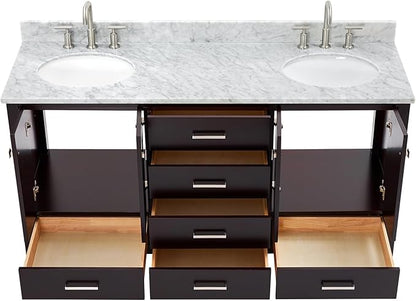ARIEL Cambridge 66-inch Bathroom Vanity with Sink,Solid Wood, 0.75-inch Italian Carrara Marble Countertop, Double Oval Porcelain Sink, 4 Soft Closing Doors, 6 Dovetail Drawers, Espresso