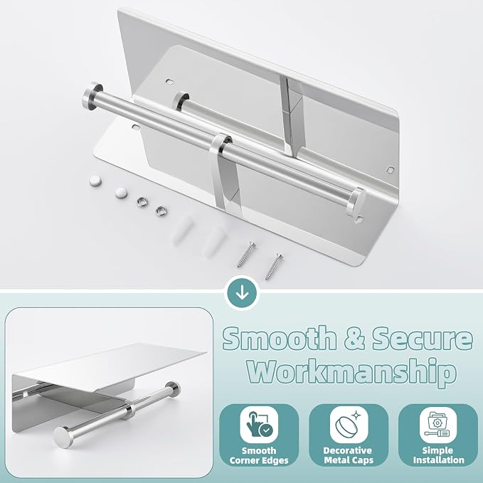 Polished Chrome Double Toilet Paper Holder with Shelf, Wall Mounted | 304 Stainless Steel, Rustproof for Bathroom, Restroom, Powder Room, Kitchen, 2-in-1 Functional Paper Roll & Phone Storage