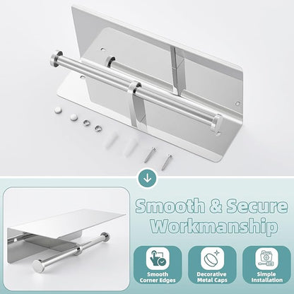 Polished Chrome Double Toilet Paper Holder with Shelf, Wall Mounted | 304 Stainless Steel, Rustproof for Bathroom, Restroom, Powder Room, Kitchen, 2-in-1 Functional Paper Roll & Phone Storage