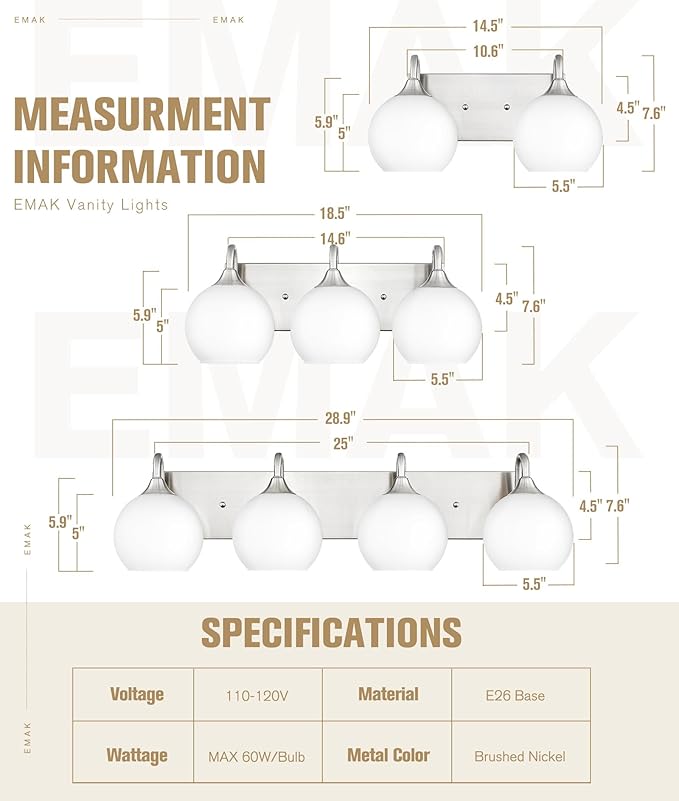Emak Globe Bathroom Light Fixtures, Brushed Nickel Vanity Lights with Milk Glass Shade, Modern 2-Light Bathroom Vanity Lights Over Mirror, VL118-BN-ML-2