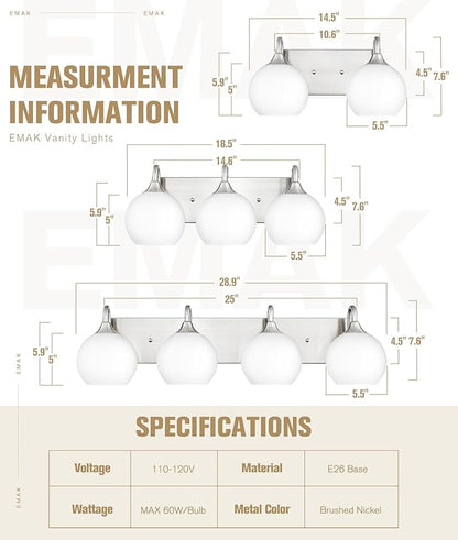 Emak Modern 4-Light Bathroom Lighting Fixtures Over Mirror, Brushed Nickel Vanity Light with Milk Glass Shade, 29 Inch Globe Vanity Lights for Bathroom, Mirror, VL118-BN-ML-4