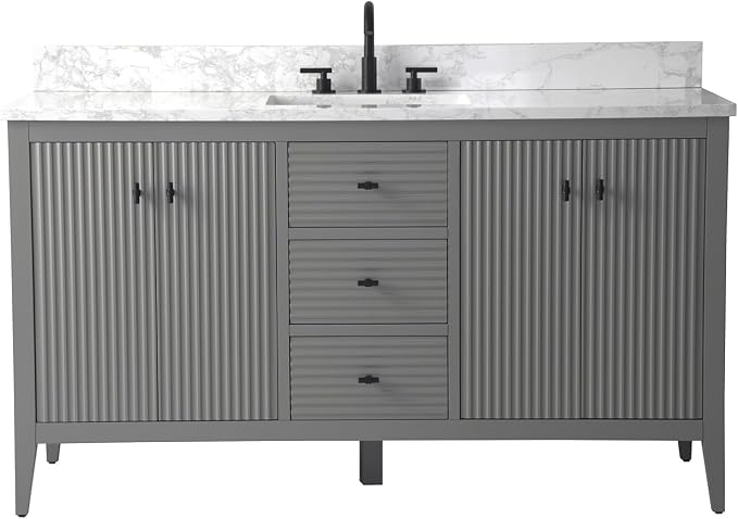 Vanity Art 60 inch Bathroom Vanity with Single Sink & Ceramic Top, Vanity Cabinet with Soft-Closing Door, Solid Wood Frame, Linear Pattern, Cashmere Gray, VA9160-SG-MB,Matte Black Handles