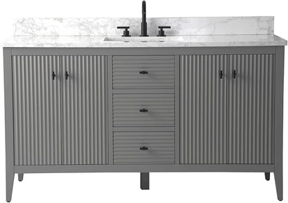 Vanity Art 60 inch Bathroom Vanity with Single Sink & Ceramic Top, Vanity Cabinet with Soft-Closing Door, Solid Wood Frame, Linear Pattern, Cashmere Gray, VA9160-SG-MB,Matte Black Handles
