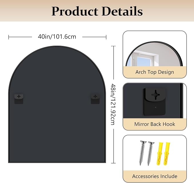 COFENY Arched Mirror, 40’’x48’’ Black Arch Mirror for Bathroom, Large Arched Bathroom Mirror with Frame, Modern Wall Mounted Mirror for Over Sink Mantle Bedroom Vanity Living Room Entryway