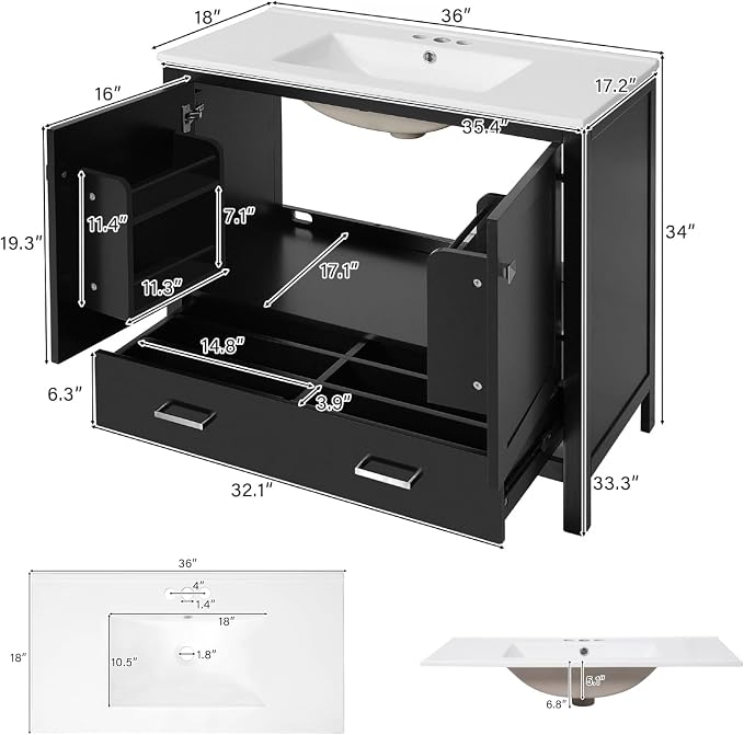 36" Freestanding Bathroom Vanity with Sink, Floor Stand Bathroom Storage Cabinet with Ceramic Sink, Doors with Double-Layered Storage Shelves, Modern Compact Vanity with Divided Drawer, Black