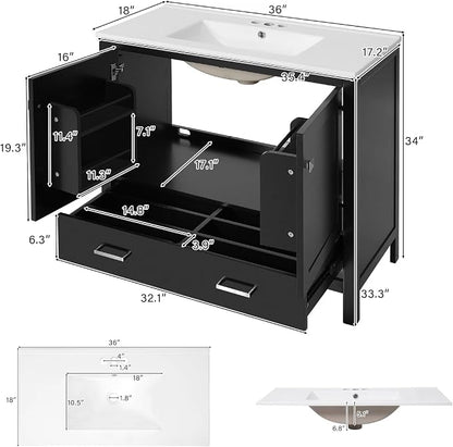 36" Freestanding Bathroom Vanity with Sink, Floor Stand Bathroom Storage Cabinet with Ceramic Sink, Doors with Double-Layered Storage Shelves, Modern Compact Vanity with Divided Drawer, Black