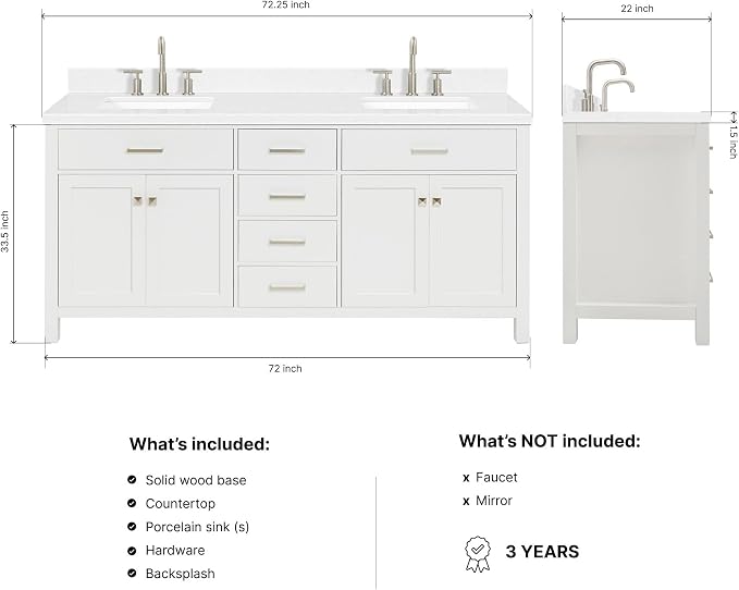 Alenza 72 Inch Bathroom Vanity Double Sink — White Bathroom Vanity with Sink, 1.5" Edge Carrara White Quartz Countertop & Backsplash, 4 Soft-Close Doors, 4 Dovetail Drawers