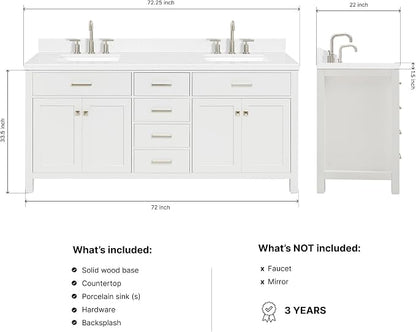 Alenza 72 Inch Bathroom Vanity Double Sink — White Bathroom Vanity with Sink, 1.5" Edge Carrara White Quartz Countertop & Backsplash, 4 Soft-Close Doors, 4 Dovetail Drawers