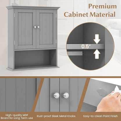 Giantex Wall Mounted Medicine Cabinets - Above Toilet Bathroom Cabinet with Adjustable Shelf, Open Shelf, Over The Toilet Space Saver Storage Cabinet for Laundry Room, Kitchen, Cupboard (Gray)