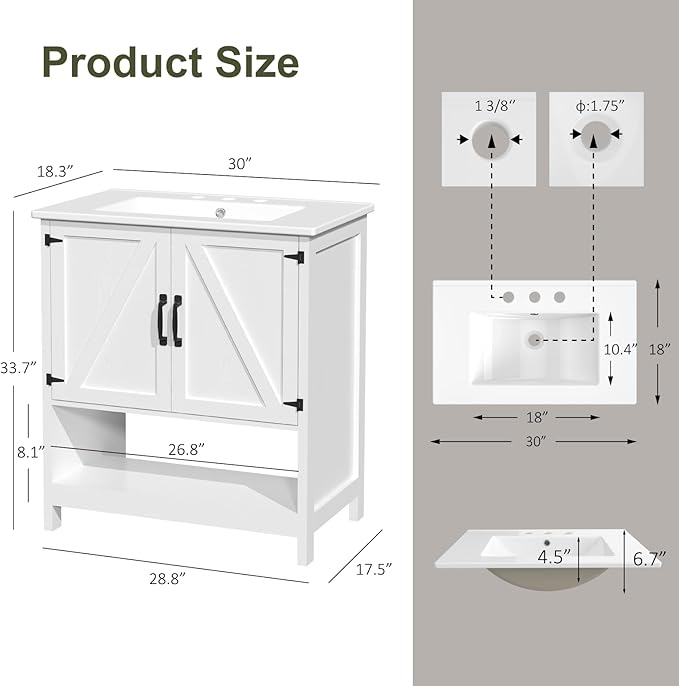 30" Bathroom Vanity with Sink, Modern Bathroom Cabinet with LED Light, Bathroom Vanity Set, Double Soft Closing Cabinet Door with Organizer, White