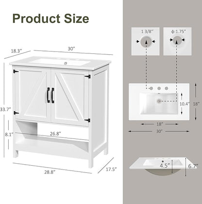 30" Bathroom Vanity with Sink, Modern Bathroom Cabinet with LED Light, Bathroom Vanity Set, Double Soft Closing Cabinet Door with Organizer, White