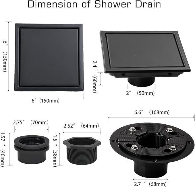 Square Shower Drain Black 6 inch with 2 in 1 Tile-Insert Cover | AISI 304 Stainless Steel Brushed Shower Floor Drain with Removable Hair Catcher and Flange Fits Bathroom Balcony Kitchen