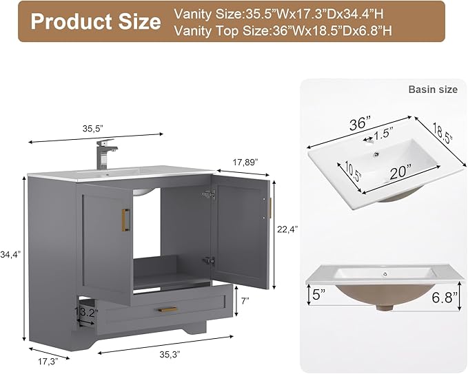 36 inch Bathroom Vanity with Sink, Modern Grey Vanity for Bathroom with Undermount Ceramic Sink, Freestanding 2-Door & 1-Drawer Storage Cabinet, for Small Bathroom Space, (Grey, 36")